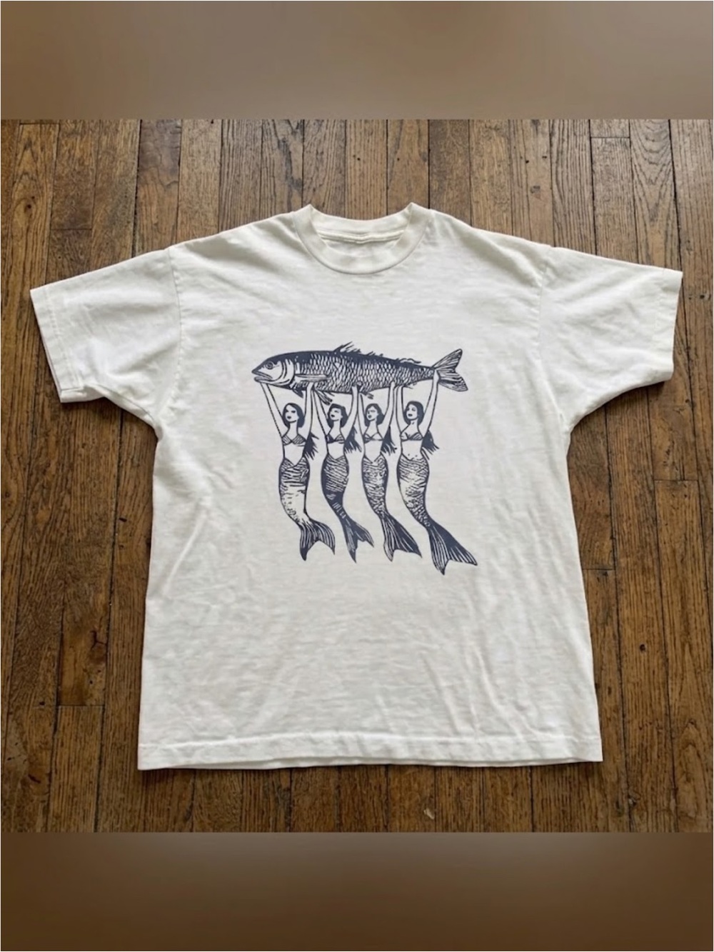 Gildan Cream Tee with Navy Mermaid and Fish Graphic